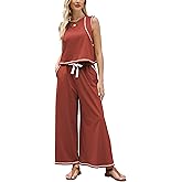 Ynhonra Women’s 2 Piece Lounge Set Sleeveless Tank Top & Wide Leg Pants Contrast Trim Relaxed Casual Matching Outfit