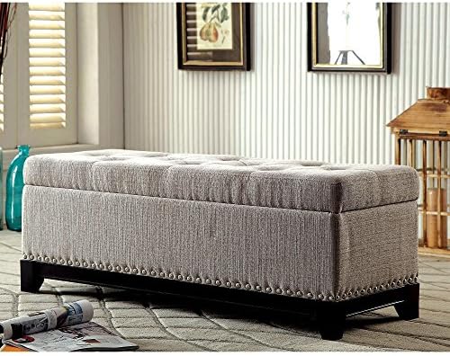 Storage Bench Ottoman Furniture of America Rachelson Romantic Tufted Linen Upholstered Fabric Lift-top Nailhead Trim Exterior and Wood Base Legs, Beige