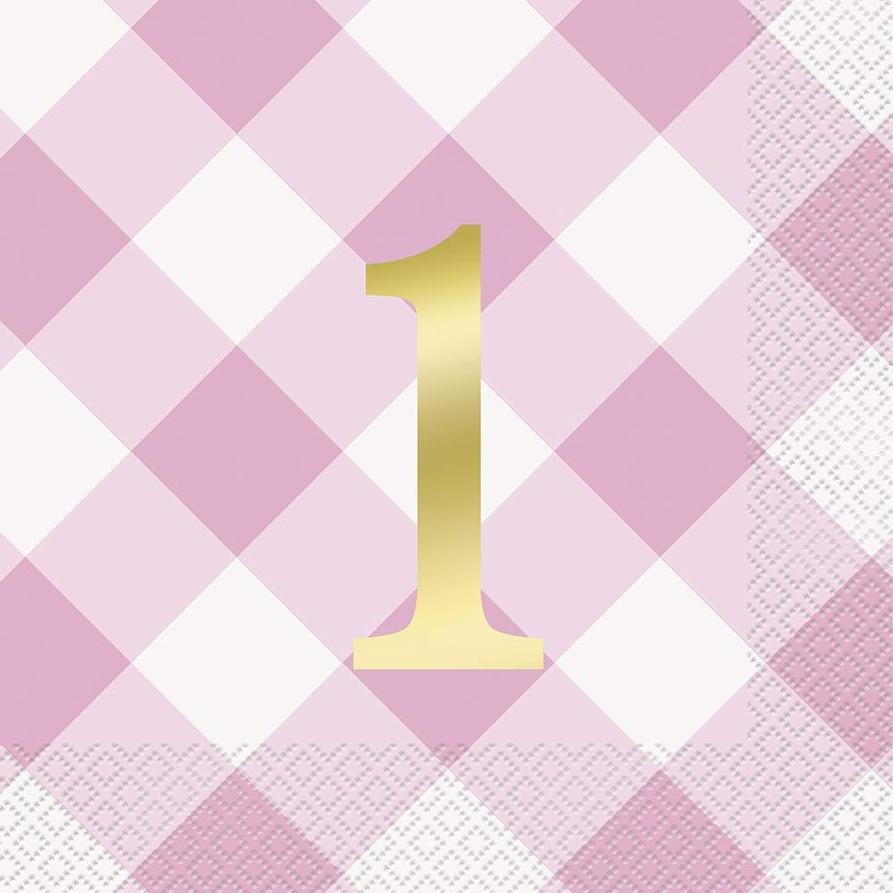 Pink Gingham 1st Birthday Luncheon Napkins (8cm x 18cm) - Deluxe Foil Stamped Design - Perfect for Celebrating Your Little One's Special Day - 16ct