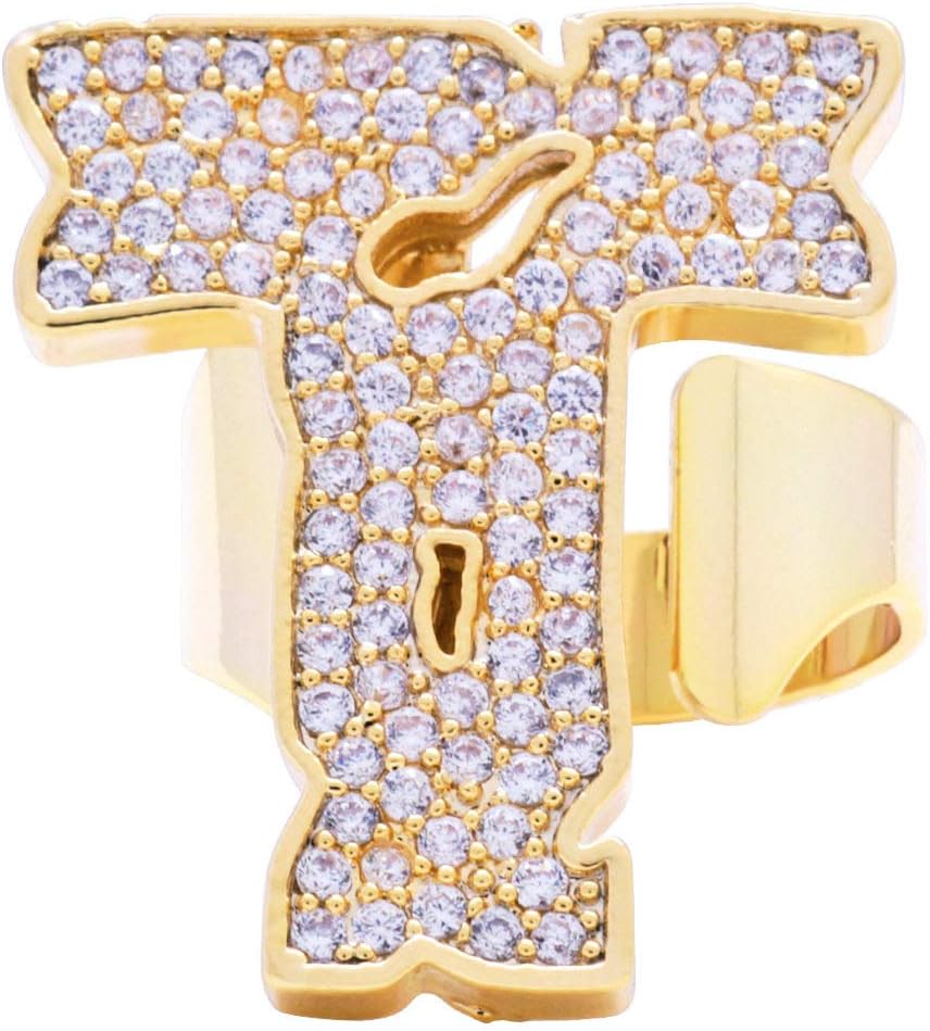 Open Ring For Women,Vintage Adjustable Open Big Golden Letter T Modeling Inlay Shining Rhinestone Jewelry For Wedding Party Women Men Couple