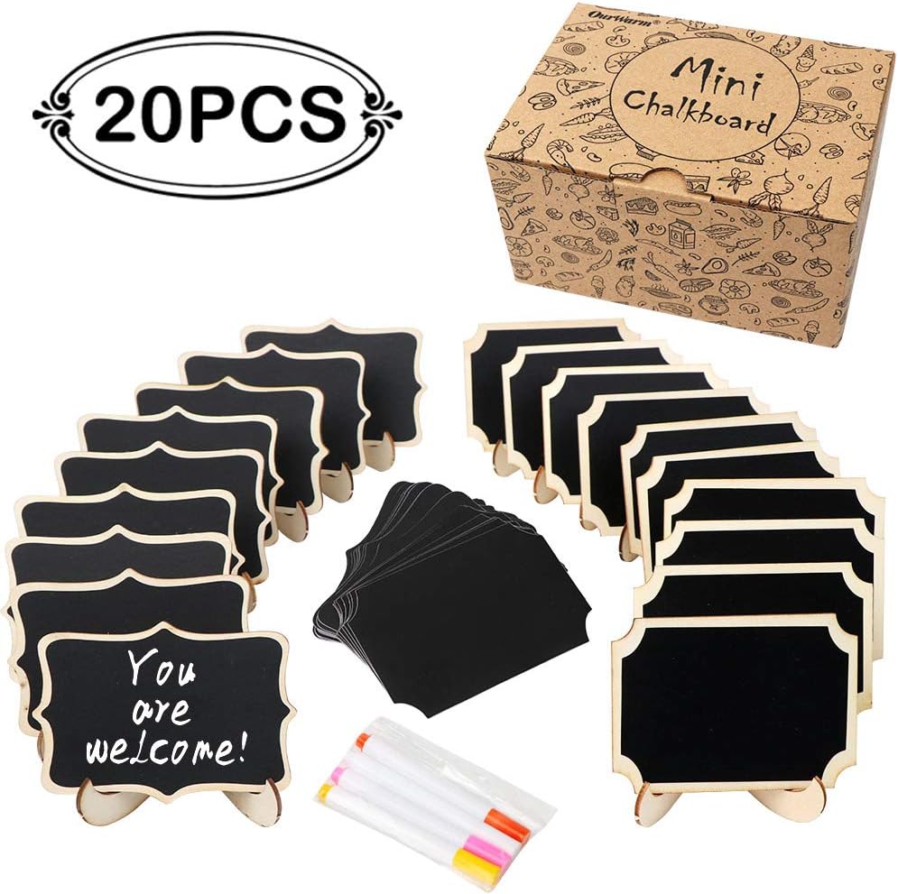 OurWarm 20 Pack Mini Chalkboard Signs with Easel Stand, Small Chalkboard Labels Wooden Blackboard for Wedding Signs, Food Labels, Table Numbers, Message Board, Place Card and Event Decorations : Office Products
