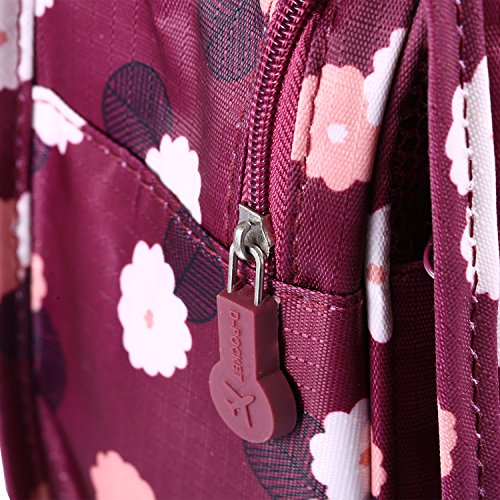 WNOSH Multifunction Hanging Toiletry Bag Portable Travel Make up Kit Case Pouch Women Men Shaving Kit with Hanging Shaving Hook for Vacation Travel Bathroom Organizer Carry On Case (Wine Red Flower)