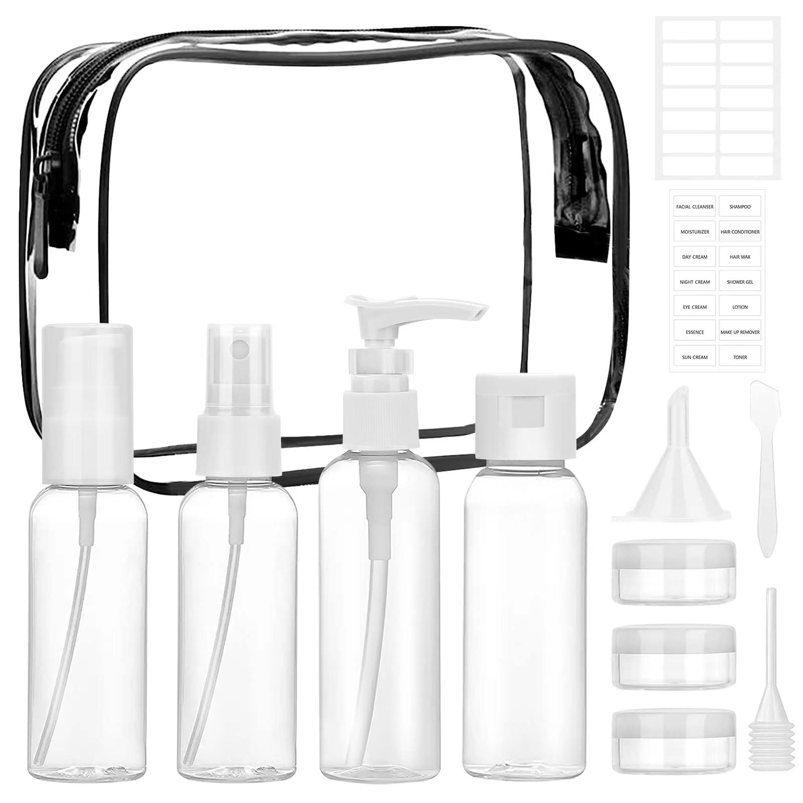 13 Pcs Travel Bottles for Toiletries, 60ml Travel Containers with Clear Toiletries Bag, Proof Refillable Clear Travel Toiletry Bottles, with Labels and Funnel, for Liquids Cosmetic Shampoo Body Wash