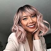 NOBLE Pink Wig with Bangs Short Ombre Pink Bob Wigs for Women Colorful Short Wavy Wigs Heat Resistant Synthetic Bob Wigs with Dark Roots for Daily Party Use