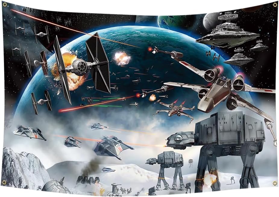 Photo 1 of 4x6FT Outer Space Galaxy Wars Kids Birthday Decorations Banner Tapestry Photo Backgrounds Party Supplies Black Stars Science Fiction Polyester Backdrop 4 Gromments Heavy Duty, Durable 150D
