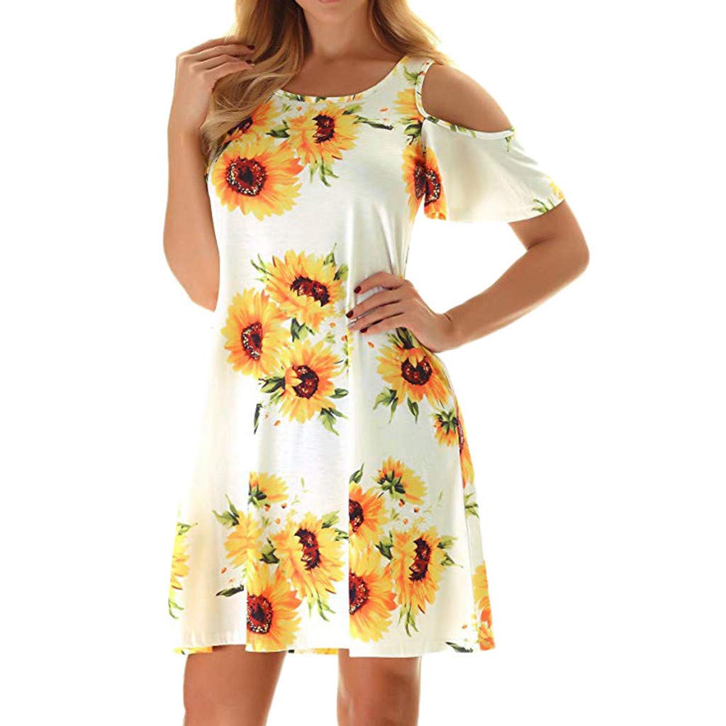 KYLEON Women’s Casual Dress V Neck A Line Cap Sleeve Elegant Mini Tunic Dress Summer Floral Print Short Sundress