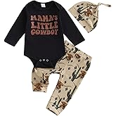 SAYOO Western Newborn Baby Boys Cowboy Outfit Cow Print Letter Bodysuit Long Leggings Cap 3pcs Infant Boy Country Clothes