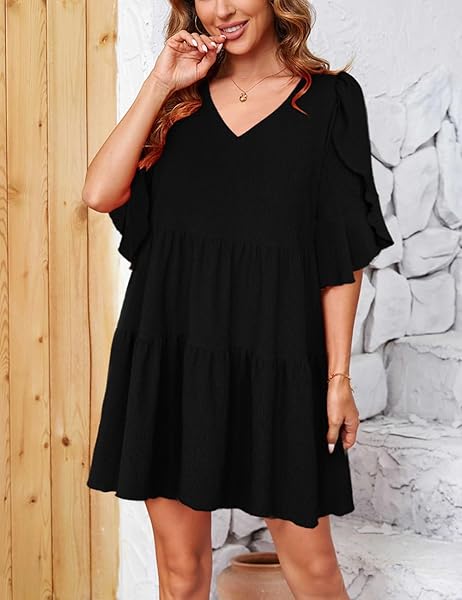 SEBOWEL WOMEN CASUAL SHORT SLEEVE V NECK PLEATED RUFFLE SHORT TIERED DRESS FLOWY MINI PARTY DRESS LOOSE SWING DRESS, BLACK, L
