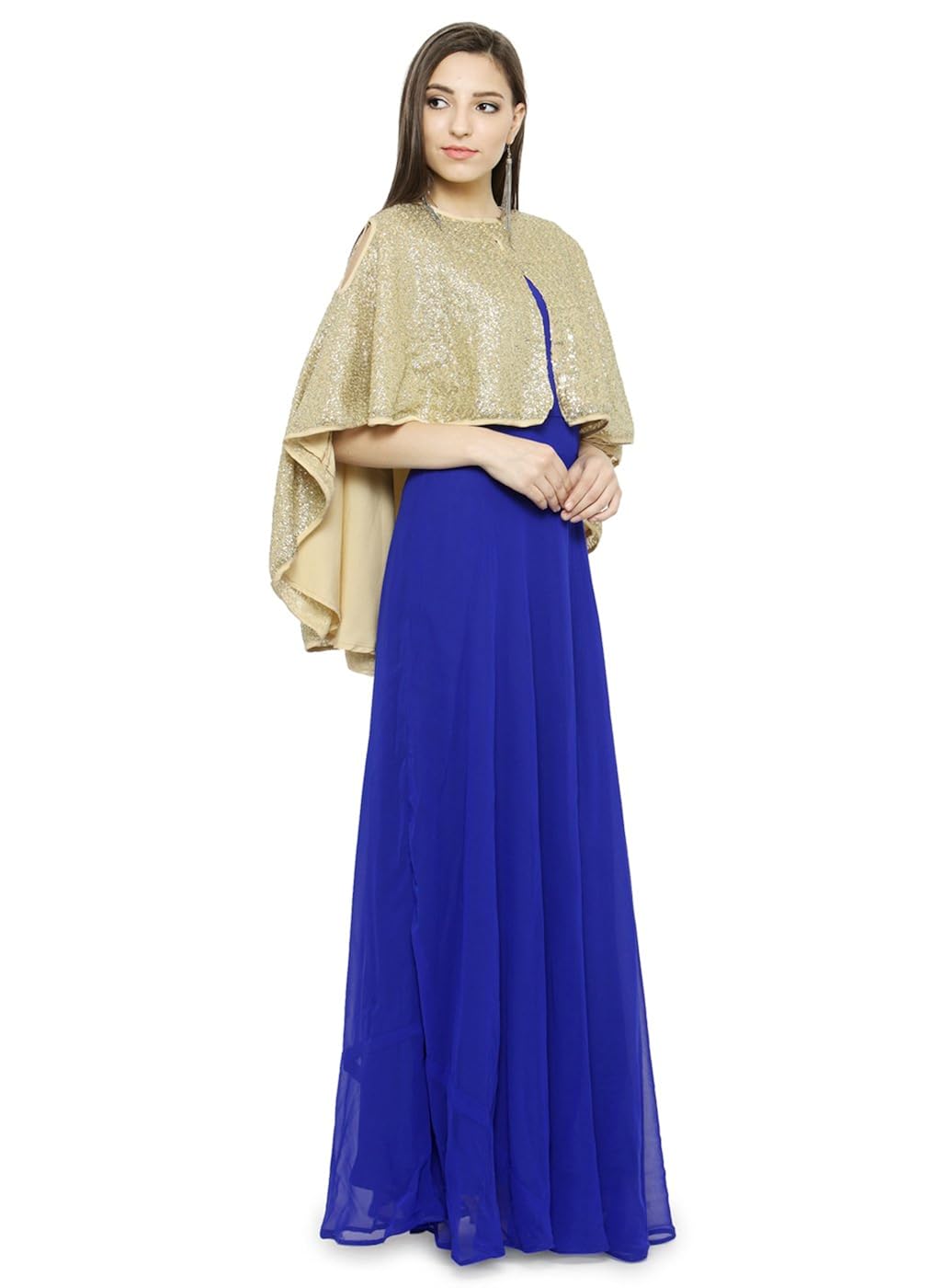 just wow royal blue & golden poly georgette women's dress