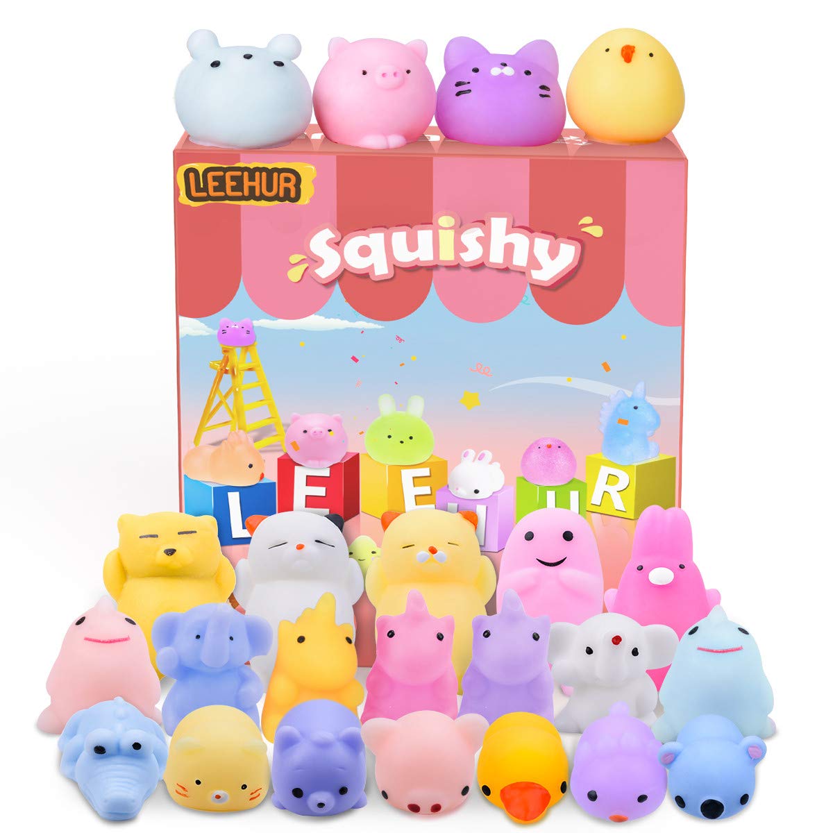 LEEHUR Mochi Squishy Toys SquishiesMini Soft Dinosaur Marine Animal Fruit Squishy Squash Party Favor (Squishy 20pcs DE)