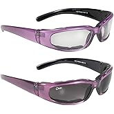 2 Pairs of Chix Rally Women's Padded Motorcycle Sunglasses Purple Frames Clear & Grey Gradient Lenses