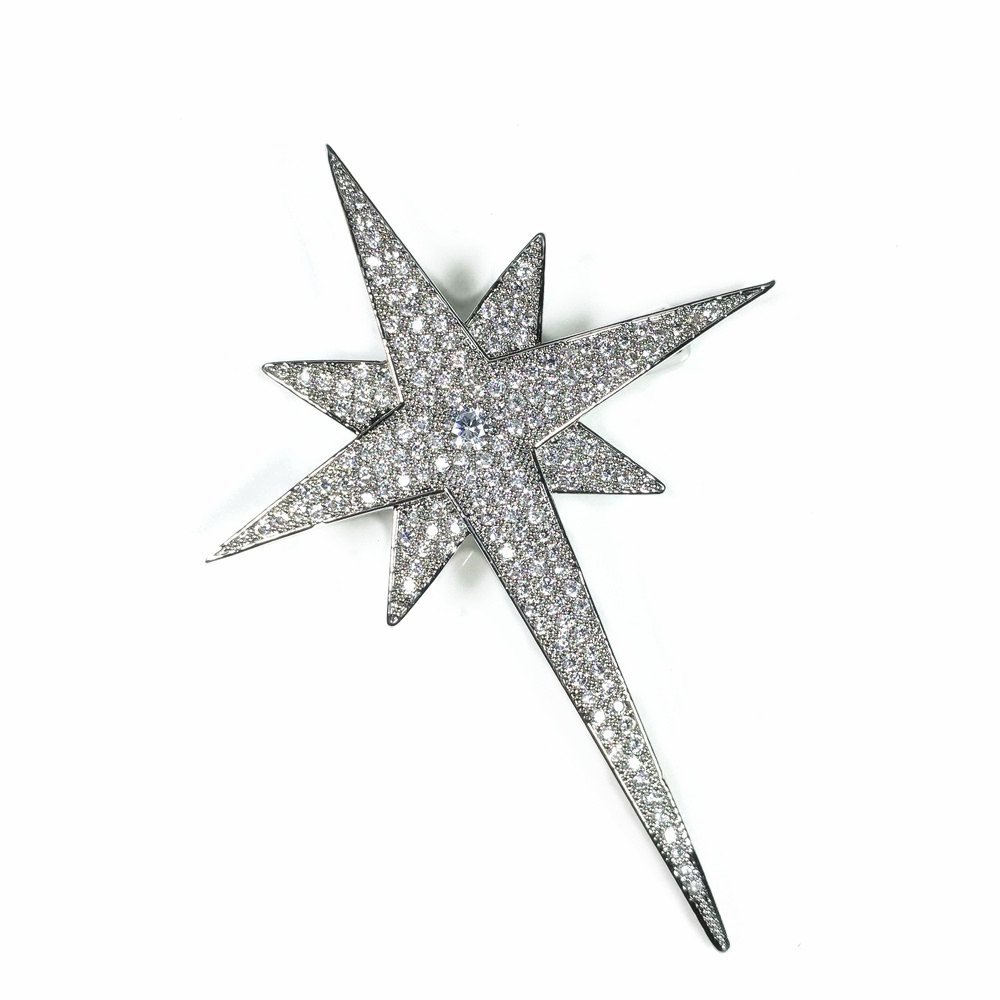 Dreamlandsales Sparkling Vintage-inspired Star brooch Featuring Full Micro Pave CZ,Two Layered, Four-pointed Burst Star, Platinum Plated, cubic-zirconia