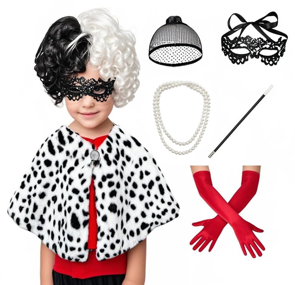 Photo 1 of viviwo Kids Dalmatian Costume for Girls Black White Shawl Wig Necklace 8pcs Set Halloween Cosplay red