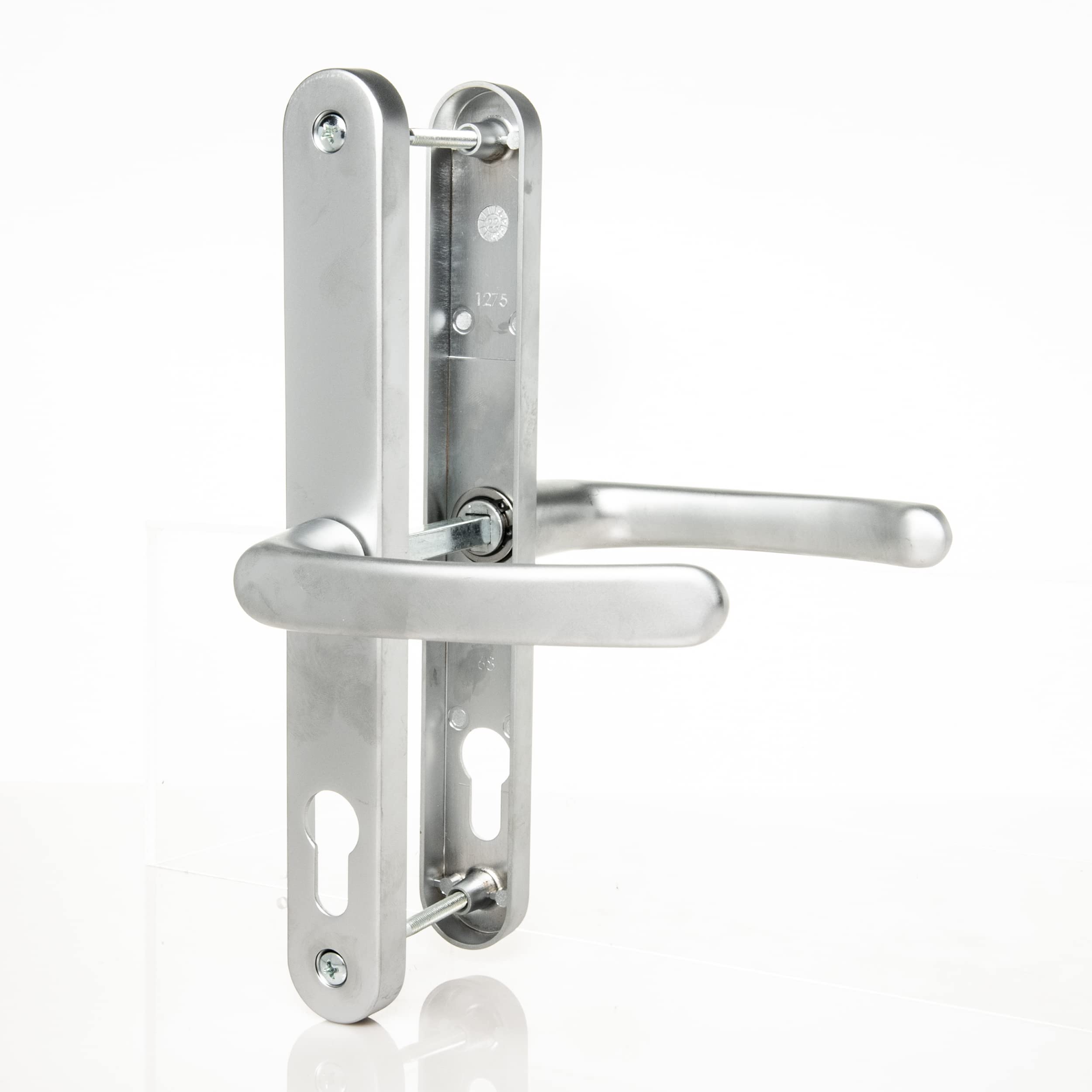 UPVC Door Handles Set Suits Fullex Locks - Satin Silver - Lever/Lever - 68mm PZ (Centres) - 215mm Screw to Screw - Backplate 245mm X 32mm - UPVC Door Handle - Silver Replacement PVC Door Handle