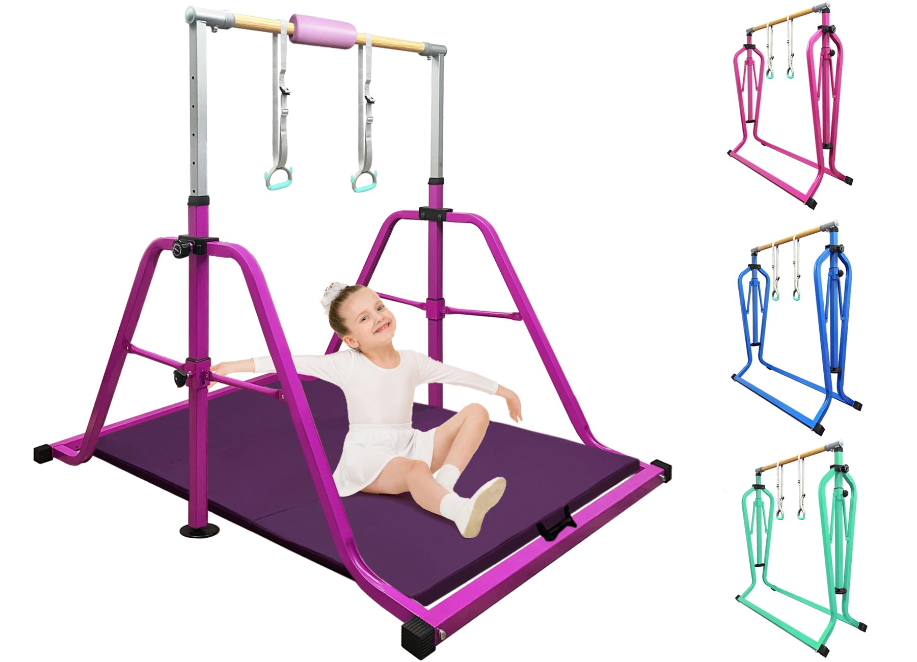 Photo 1 of ****MAT NOT INCLUDED, PARTIAL SET****kechery Foldable Gymnastics Bar, Rings and Bar Pad for Junior Kids, 3'-6' Adjustable Height and Expandable Gymnastics Horizontal Bar Indoor Equipment for Kid's Training at Home.