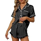 SAPJON Satin Silk Pajamas for Women 2Pcs Ruffle Notch Collar Sleepwear Button Down Short Sleeve Shorts Pjs Set Loungewear