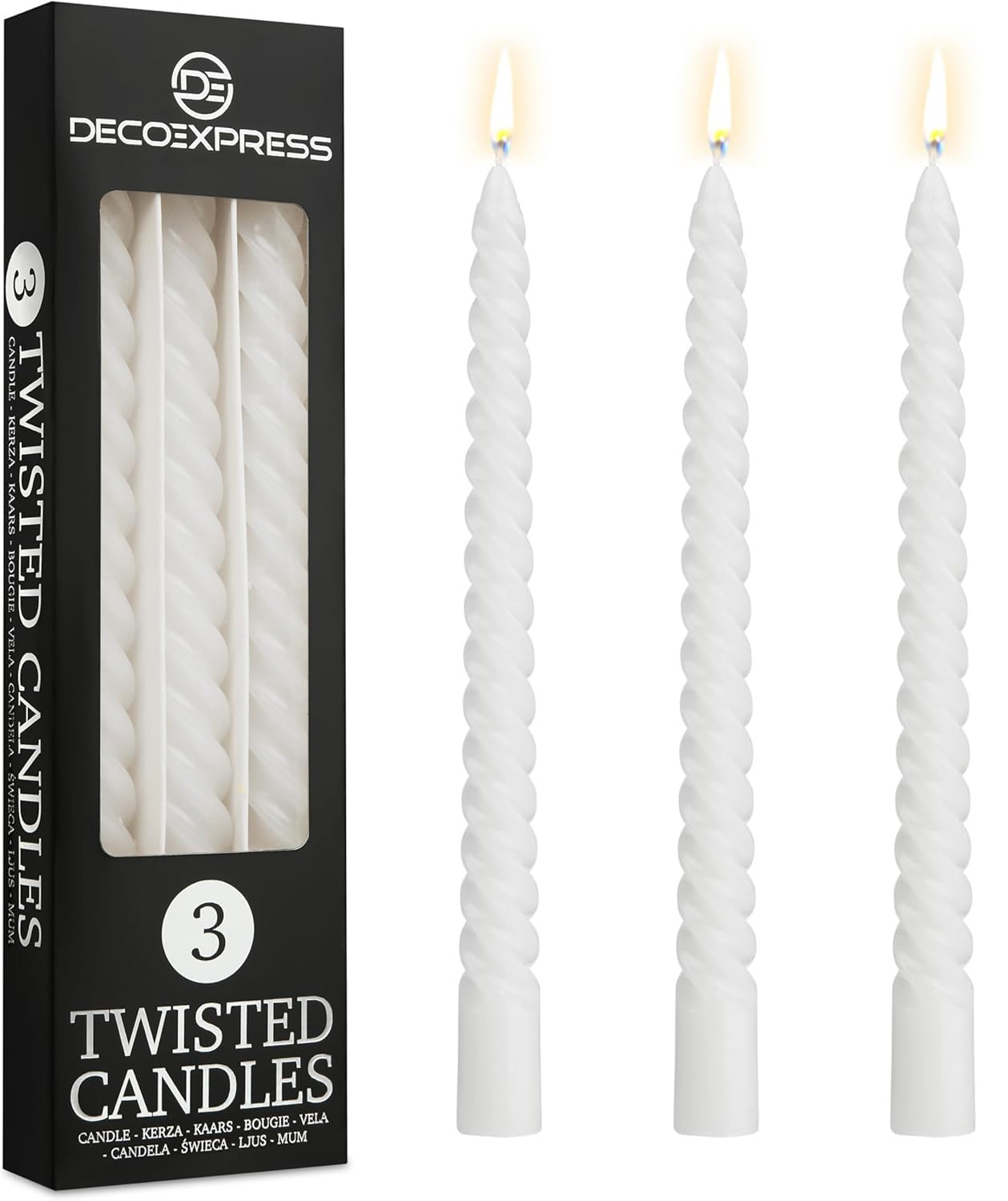 DECO EXPRESS Candles, Pack of 3 Dinner Candles, Non Drip Twisted & Non Scented, Long 6 Hours Burning Time, Cosy Home Decor, Birthday, Valentine’s Day & Mother’s Day Gift Idea (White, Pack of 3)