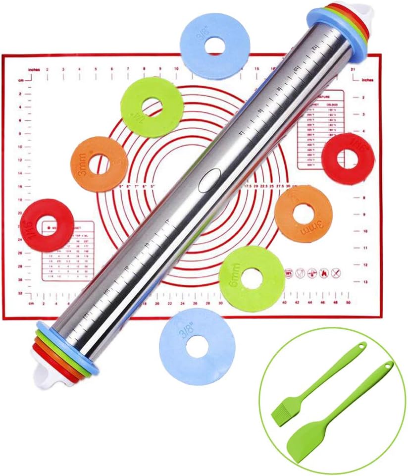 Rolling Pin and Silicone Baking Pastry Mat Set with 4 Removable Thickness Rings Adjustable Stainless Steel Dough Roller for Baking Cookies, Pastries, Pasta, Pizza (Multi 1)