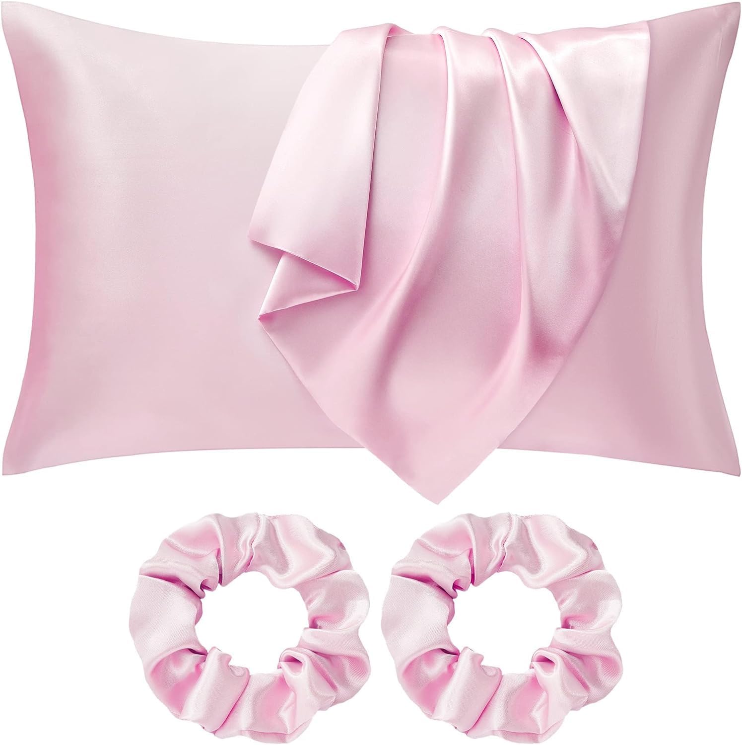 Seiwohl 2 pack Satin Silk Pillowcases for Hair and Skin, Pink Pillow Case 2 Pack with Hair Silk Scrunchies, Cooling Pillow cases with Envelope Closure, Standard Size 50x75 cm — image 1