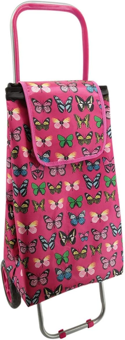50L Large Light Weight 2 Wheel Shopping Trolley Pull CART Wheeled Butterfly Bag Printed Cart (Pink)
