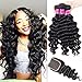 RECOOL 10A Brazilian Hair Loose Deep Wave Bundles with Closure Real Hair 100% Human Hair Extensions Natural Color Ocean Wavy Hair Extensions(12 14 16+10)