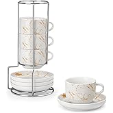 MALACASA 4 OZ Porcelain Espresso Cups with Saucers and Metal Stand Set of 4, Stackable Cappuccino Cups, Marble White Expresso Shots Cup Set for Coffee Drinks, Latte, Tea