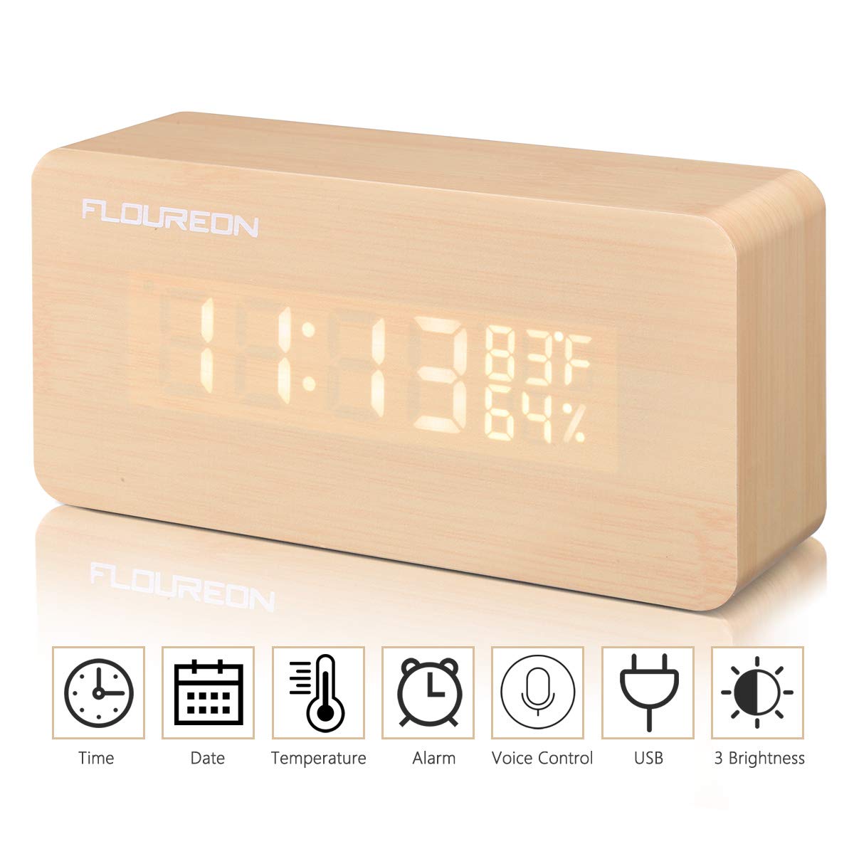 floureon Wooden LED Alarm Clock, FOULREN Wood Cube Digital Desk Alarm Clock with 3 Brightness Adjustable, 3 Set of Alarm, Dual Power, Voice Control, Time/Temperature/ Humidity Displaying (Wooden)