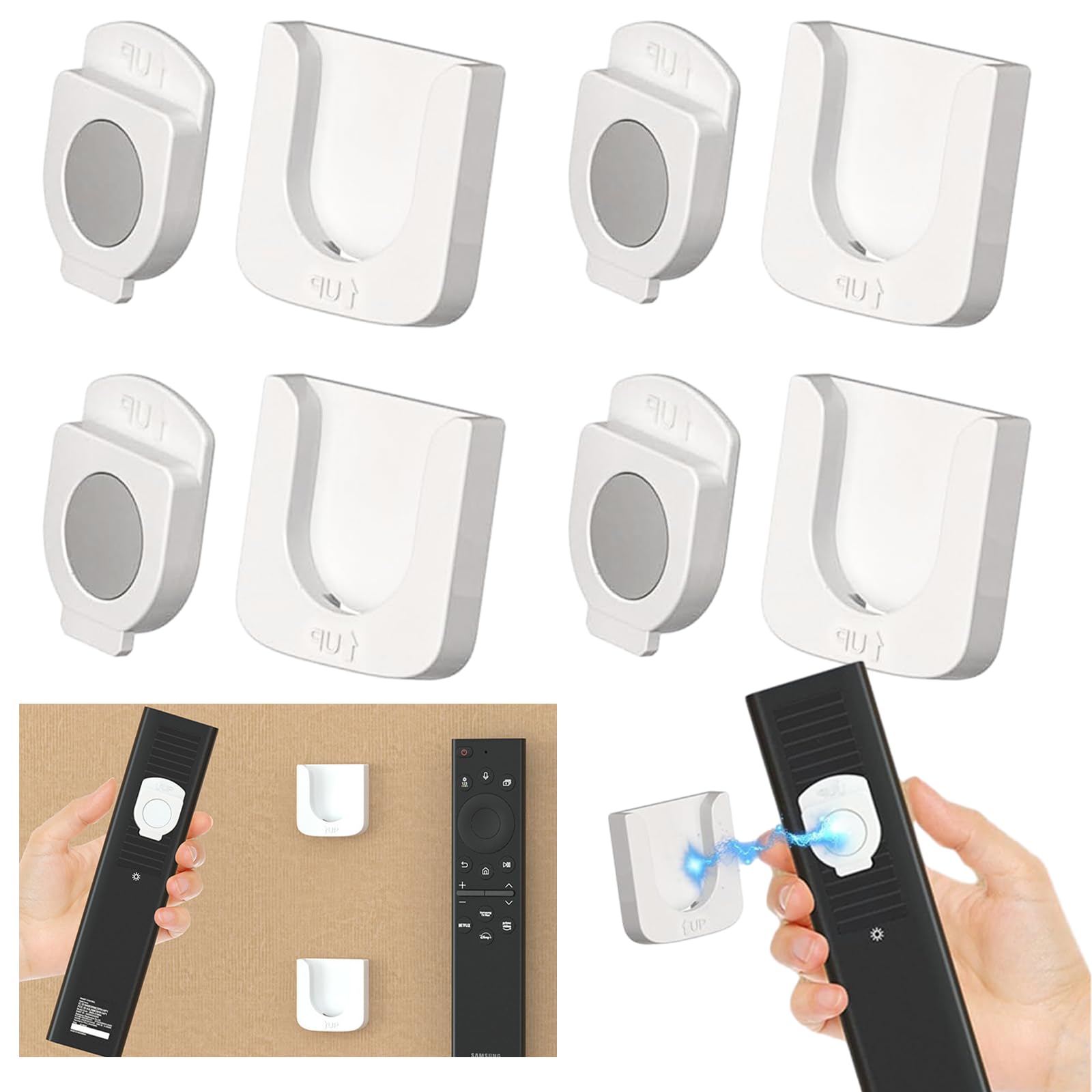 DabbOo Pack of 4 Magnetic Wall Mount Remote Control Magnetic Holder Wall Mounted Remote Control Shelf No Drilling Holes Strong Magnet Secure Hold for Home, Office, School (White)