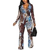 acelyn Sexy 2 Piece Outfits for Women Summer Mesh Printed Long Sleeve Button Down Shirt Tops and Bodycon Flared Pants Sets