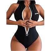 WDIRARA Women's Zip Front One Piece Swimsuit Letter Print Bathing Suits Sleeveless Racer Back Swimwear