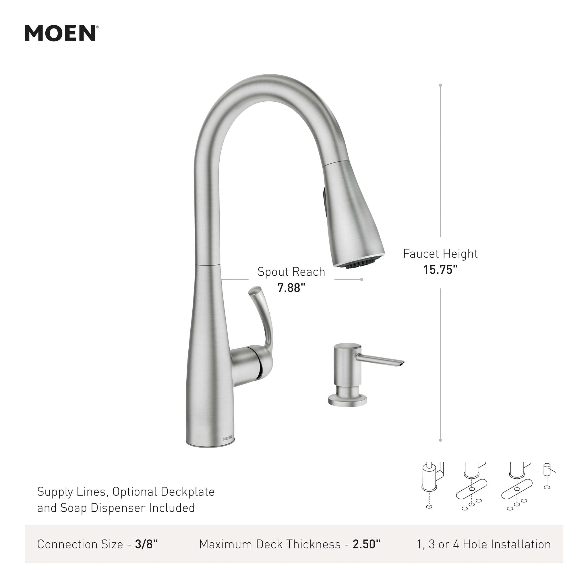Moen Essie Spot Resist Stainless Pulldown Sprayer Kitchen Sink Faucet Set with Modern Pump Soap Dispenser, 87014SRS