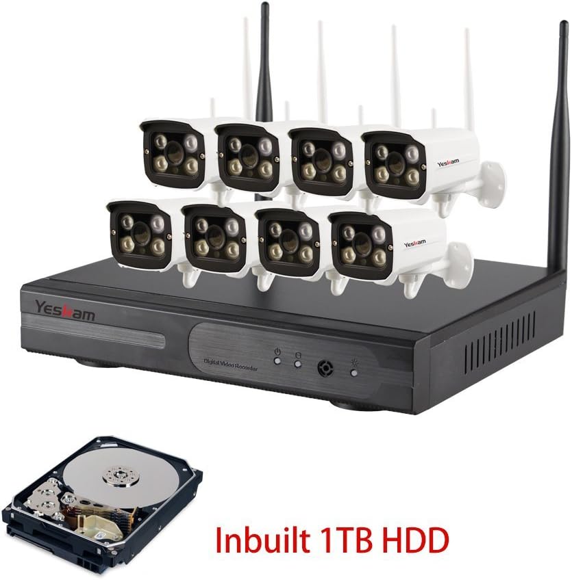 YESKAM 8 Channel Security HD Network IP NVR Wifi Kit ,8PCS Megapixel 720P Wireless Outdoor IP Camera System 100ft (30m) Night vision Support Smartphone Remote view (720P 8CH NVR KIT with 1TB)