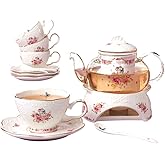 Jusalpha® Vintage Porcelain Flower Series Tea Sets, Tea Cup Saucer Set with Teapot Warmer- Filter and Spoon, 16pcs in 1 set (16pcs set)
