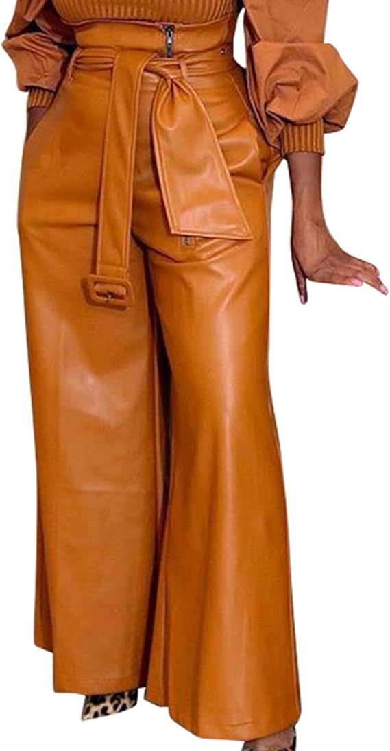 Voghtic Women PU Faux Leather High Waisted Wide Legs Pants with Belt
