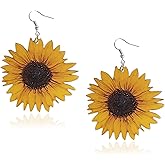 MALOYANVE 3D Wooden Sunflower Drop Earrings Unique Handmade Bohemian Sunflower Dangle Drop Earrings Yellow Flower Sunflower Statement Earrings Simple Daisy Flower Wood Earring Jewelry Gifts for Women