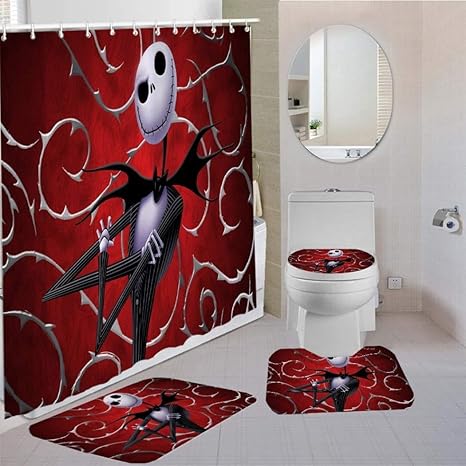Amazon Com Moumouhome The Nightmare Before Christmas Shower Curtain And Rugs 4 Pcs Hollow Metal Pattern Dark Red Bathroom Set Jack Skellington Bath Curtains Kids Birthday Gift Home Kitchen
