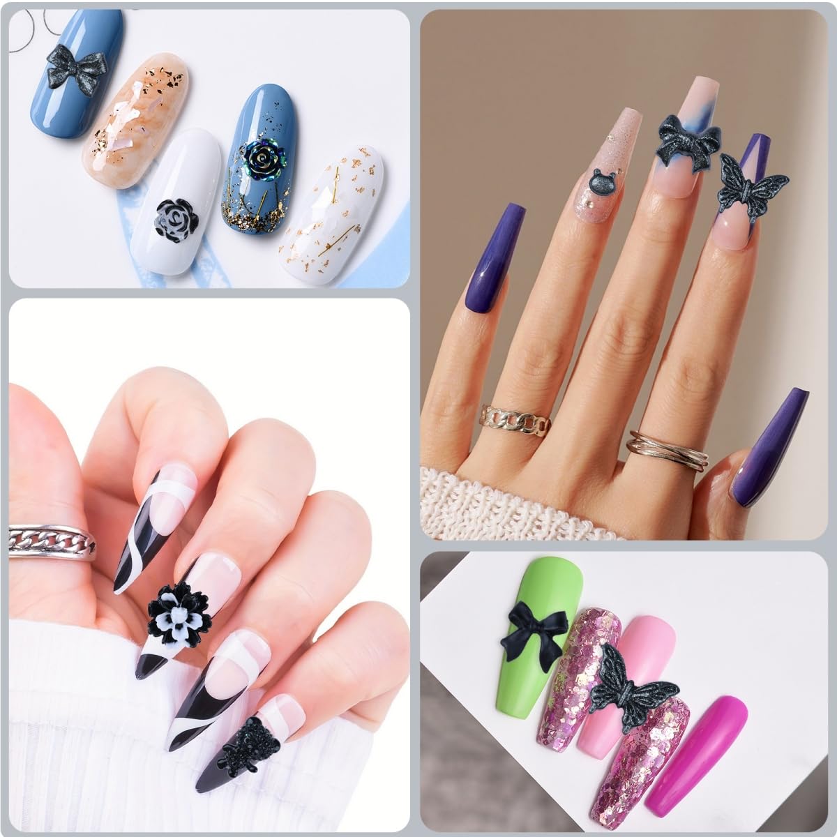 Sinyanail 300pcs Nail Art Charms Kit,Over 100pcs Mixshape Resin Gems and 100 pcs Mixed Flatback Nail Rhinestones Pearls with Over 100pcs Sequins for Women\'s Manicure Making(Black)