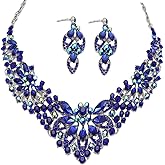 Zthread Women Jewelry Set Rhinestone Crystal Statement Necklace Bride Rib Choker Necklace Floral Beaded Collar Neklcace Cluster Dangle Earrings Set for Wedding Party