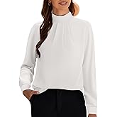 Funlingo Women's Long Sleeve Tops Dressy Casual Mock Neck Work Blouse Fall Trendy Front Pleated Tunic Chiffon Shirts