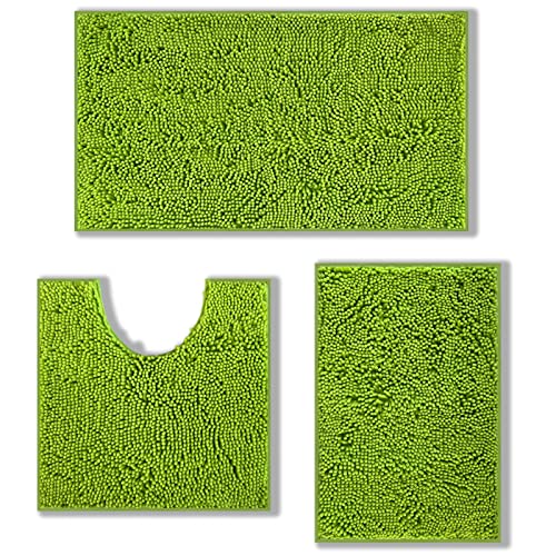 Soft Plush Green Chenille Shower Mats - 3-Piece Bath Mat Set - Durable Bath Rugs with PVC Backing, Ultra Absorbent, for Tub & Shower