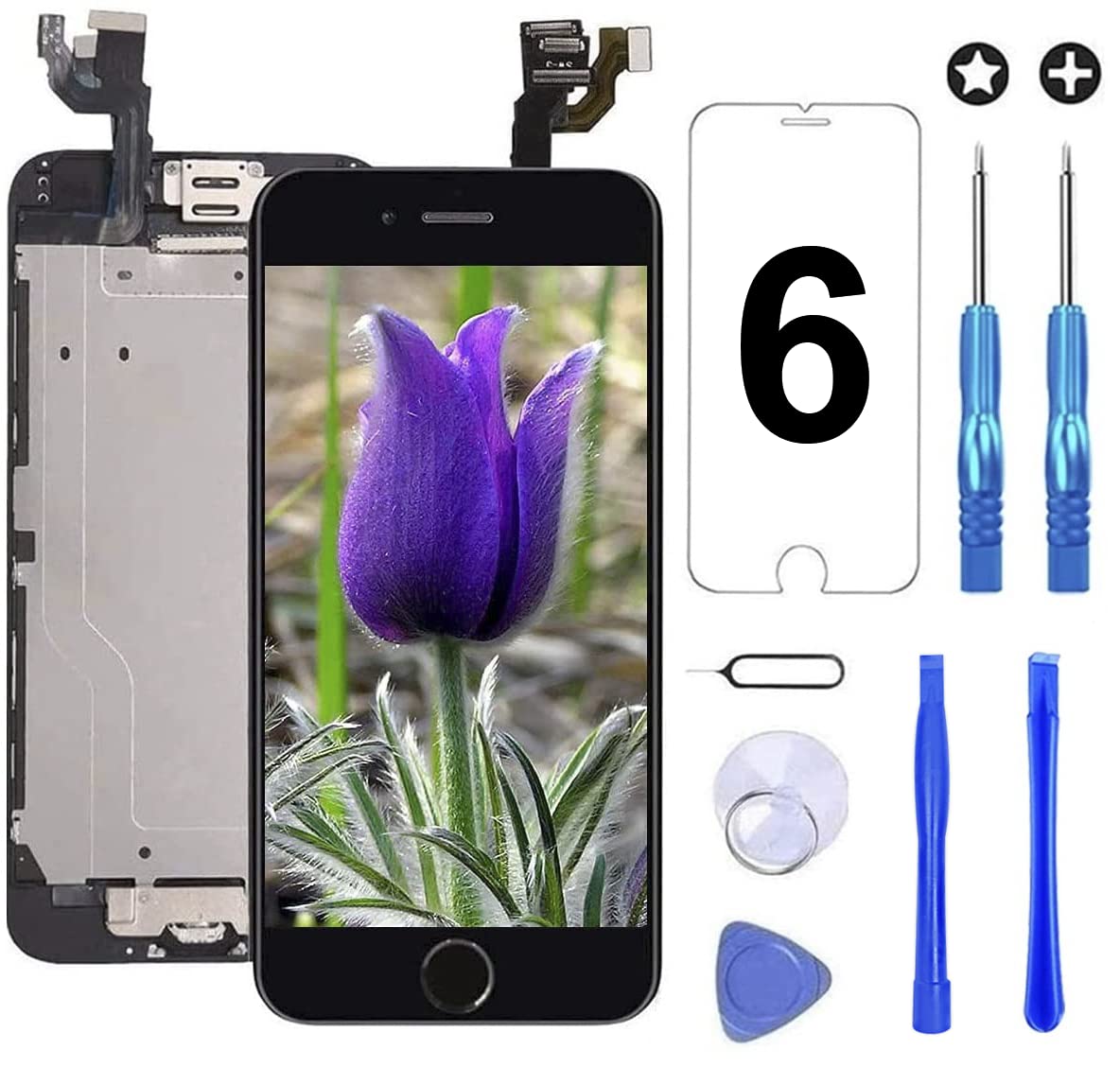 Photo 1 of Brinonac for iPhone 6 Screen Replacement Black Touch Display LCD Digitizer Full Assembly with Front Camera,Proximity Sensor,Ear Speaker and Home Button Including Repair Tool and Screen Protector