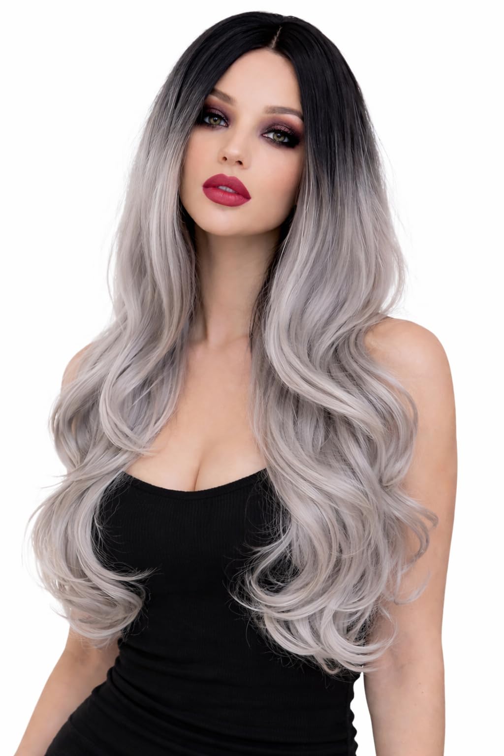 eBoutik – Long Grey Ombré Wig for Women – Silver Costume Hairpiece for Halloween, Cosplay & Fancy Dress – Spooky Ghost or Superhero Party Wig – Adult Role Play Accessory