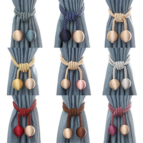 Turbokey 2pcs Curtain Tiebacks Rope Ball Braided Drapery Tassel Clip Buckle Decorative Hand-Knitted Cord Bandages - Beige