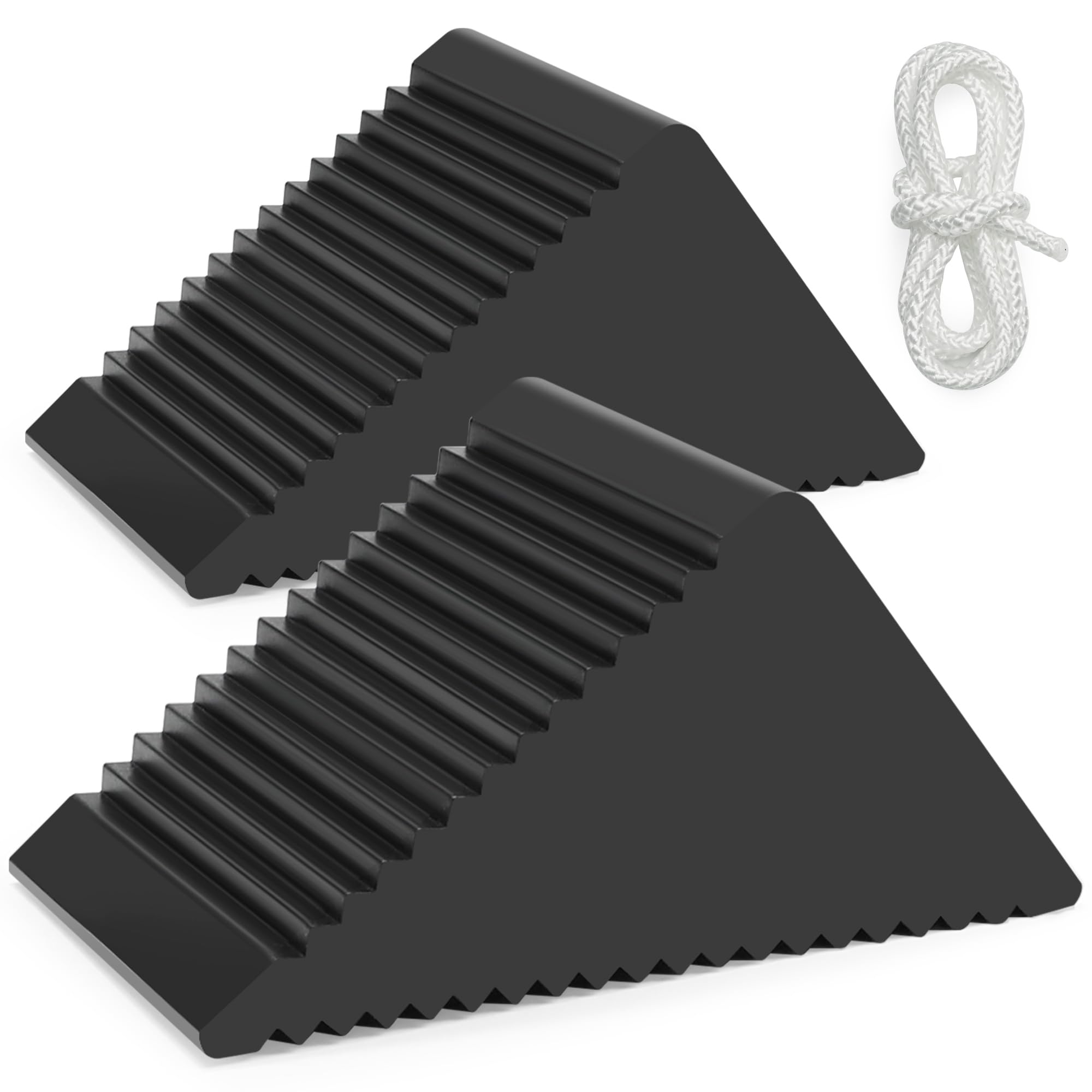 Photo 1 of TONDA Wheel Chocks with Ropes, Heavy Duty Rubber Wheel Wedge for Car, Travel Trailer, RV - 4.8"×3"×3" - 2 Pack, Black