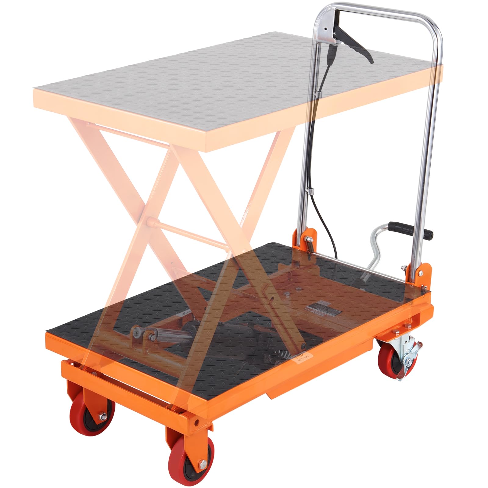Photo 1 of (unfunctional hydraulic) )VEVOR TF15 Hydraulic Lift Table Cart, 330lbs Capacity 28.5" with 4 Wheels and Non-Slip Pad, for Material Handling and Transportation, Orange