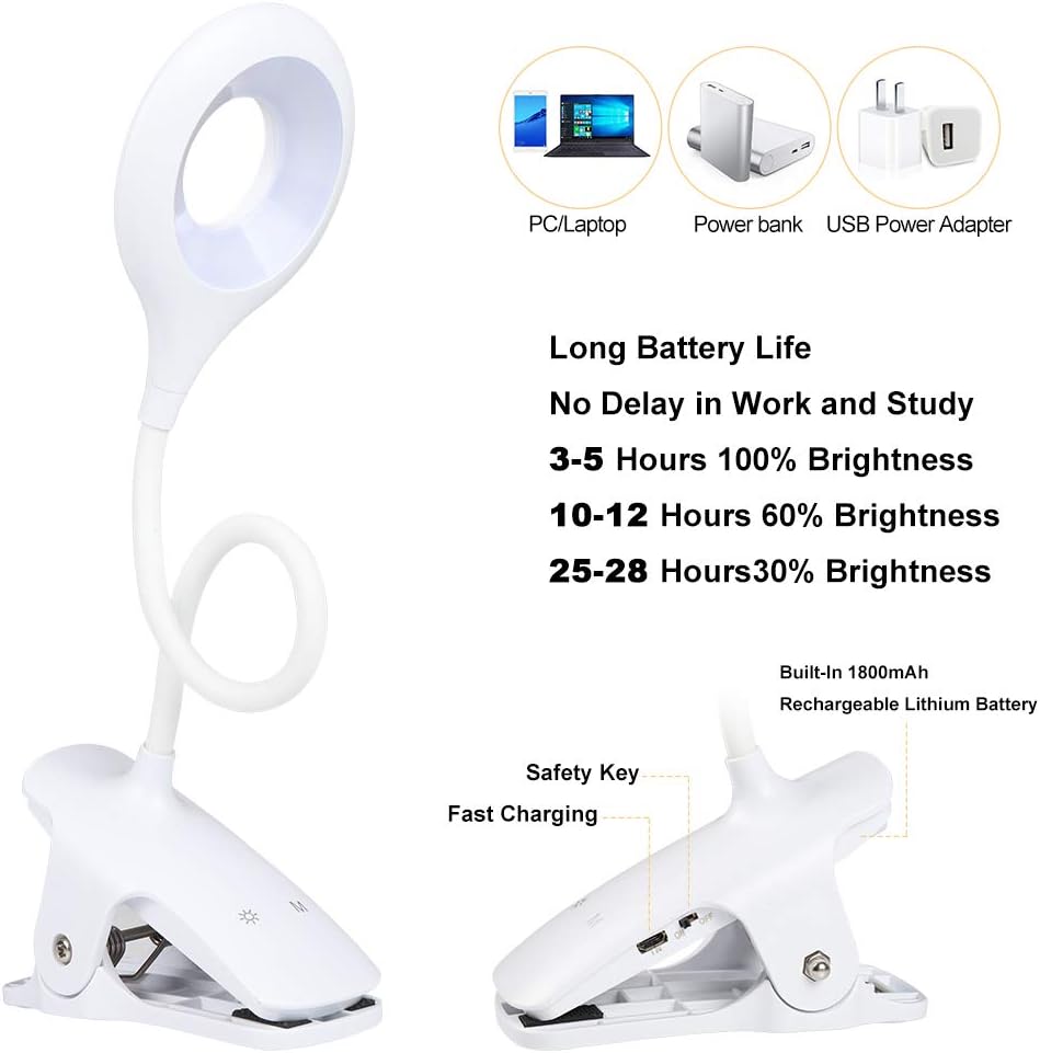 LVJING 28 LED Reading Light, 9 Different Settings Eye Protect Book Light, USB Rechargeable Reading Lamp, Touch Control Clip Desk Lamp, Flexible 360° Clip Light for Home Book Bed and Computer: Home Improvement