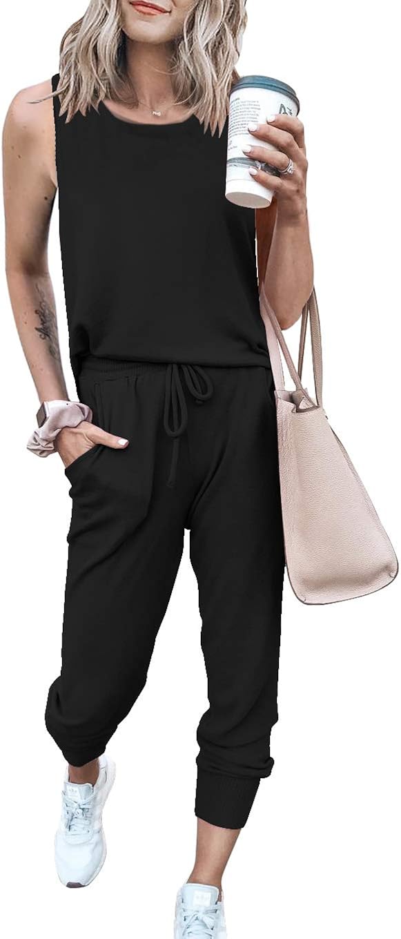 PRETTYGARDEN Women’s Two Piece Outfit Sleeveless Crewneck Tops With Sweatpants Active Tracksuit Lounge Wear With Pockets at  Women’s Clothing store