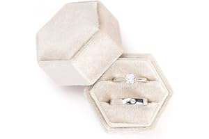 Etercycle Velvet Jewelry Ring Box, Hexagon Premium Gorgeous Vintage Double Ring Gift Box with Detachable Lid for Proposal Engagement Wedding Ceremony(Beige)