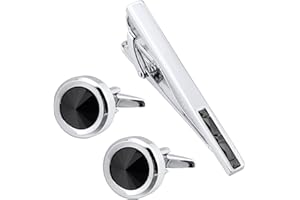 Jonwo Round Diamond Cutting Crystal Men Cufflinks and Tie Clip Set Regular Necktie Tie Pin Cuff Links for Wedding Business Shirt Tie