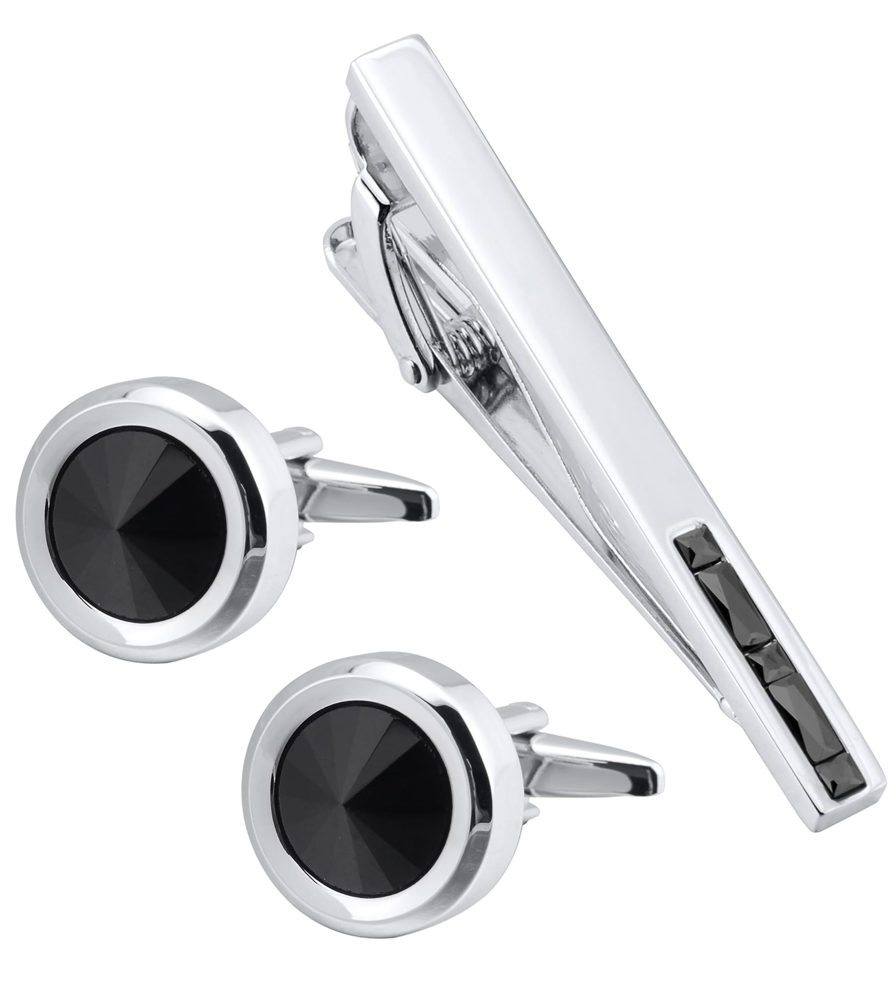 Jonwo Round Diamond Cutting Crystal Men Cufflinks and Tie Clip Set Regular Necktie Tie Pin Cuff Links for Wedding Business Shirt Tie (Black Crystal Tie Clip Cufflinks Set)